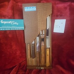 Vintage Forgecraft Wooden Knife Set With Meat Fork